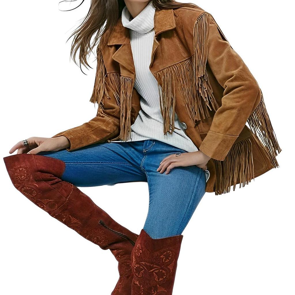 Noora Women's Brown Western Style Suede Jacket Fringed With Buttons Closure | Streetwear Autumn And Winter Leather Jacket |