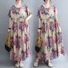 Summer New Literary Age Reduction Large Size Loose and Thin Printed Short-sleeved Long Dress with Pockets Over the Knee Skirt