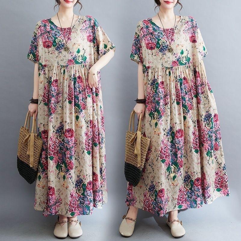 Summer New Literary Age Reduction Large Size Loose and Thin Printed Short-sleeved Long Dress with Pockets Over the Knee Skirt