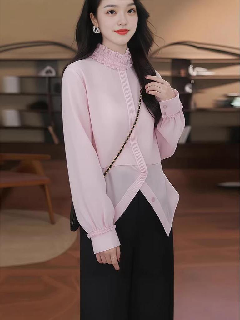 2026 Spring/Summer Ruffled Lace Stand Collar Pink Long Sleeve Shirt