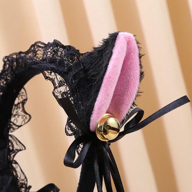 Sladká čelenka s třásněmi Divoká kočka: Dámské Lolita Kočičí uši s měkkou krajkou a zvonkovými sponkami