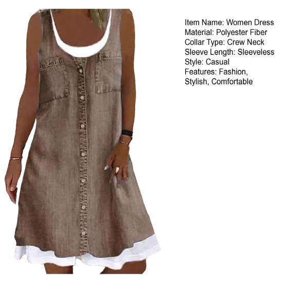 Women's Sleeveless Fake Two Piece Dress Summer Casual Crew Neck Denim Print Tank Dress Loose Fit A-line Mini Dress