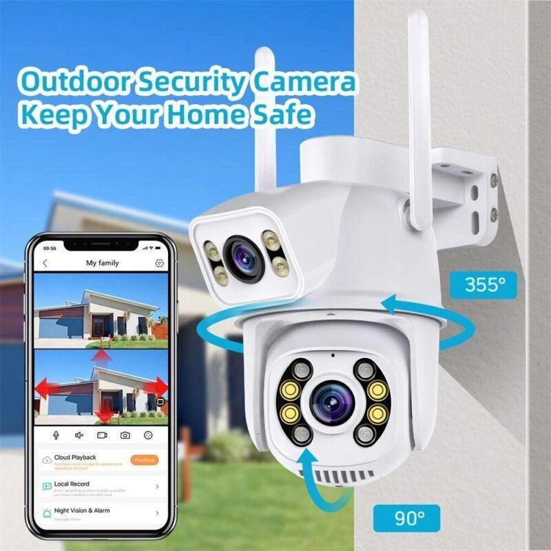 EU Plug 6MP Dual Lens WIFI PTZ IP Security Camera Real Time Dual Screen Ai Auto Tracking Body Detection Outdoor Waterproof CCTV Video Surveillance