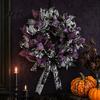 Halloween Spooky Wreath Mesh Ribbon for Front Door, Skull Pumpkin with Bow, Purple Black Stripe Decorative Garland Doors Walls Windows Decor Hook