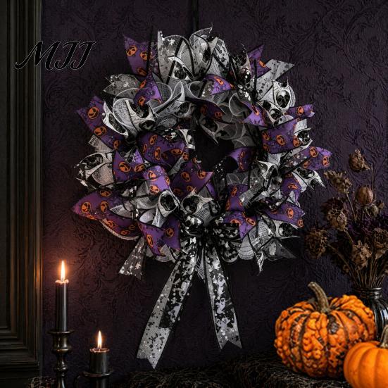 Halloween Spooky Wreath Mesh Ribbon for Front Door, Skull Pumpkin with Bow, Purple Black Stripe Decorative Garland Doors Walls Windows Decor Hook
