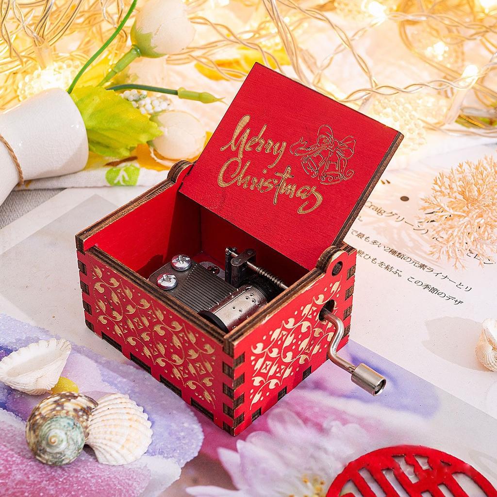 Hand Cranked Wooden Music Box Merry Christmas Music Box Christmas Office Home Decoration Ornaments Gifts Birthday Present