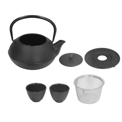 2 Bardaklı Dökme Demir Çaydanlık Seti 800ml Kapasite Dayanıklı Oyma Antik Siyah Aile için Hediye