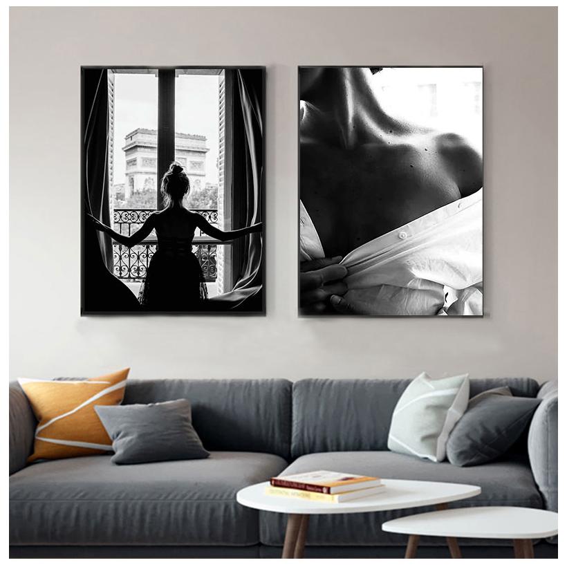 Black and White Sexy Window Girl Nordic Canvas Painting Fashion Beautiful Woman Posters Wall Art Pictures Living Room Home Decor