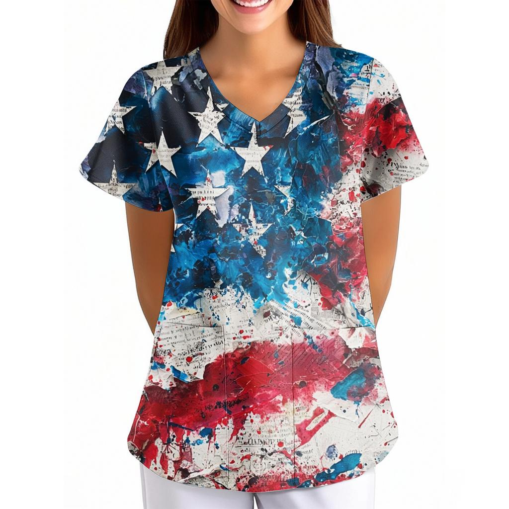 Womens V Neck Short Sleeve Printed Scrub Top Loose Fit with Pocket Comfortable Soft Material for Healthcare Uniforms