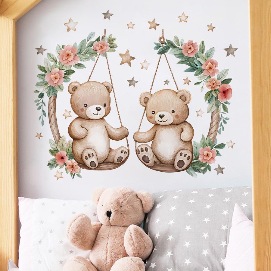 Cute Cartoon Bear on Flower Basket Swing with Stars Wall Stickers, Self-Adhesive Removable Decor for Kids Room Bedroom Decoration