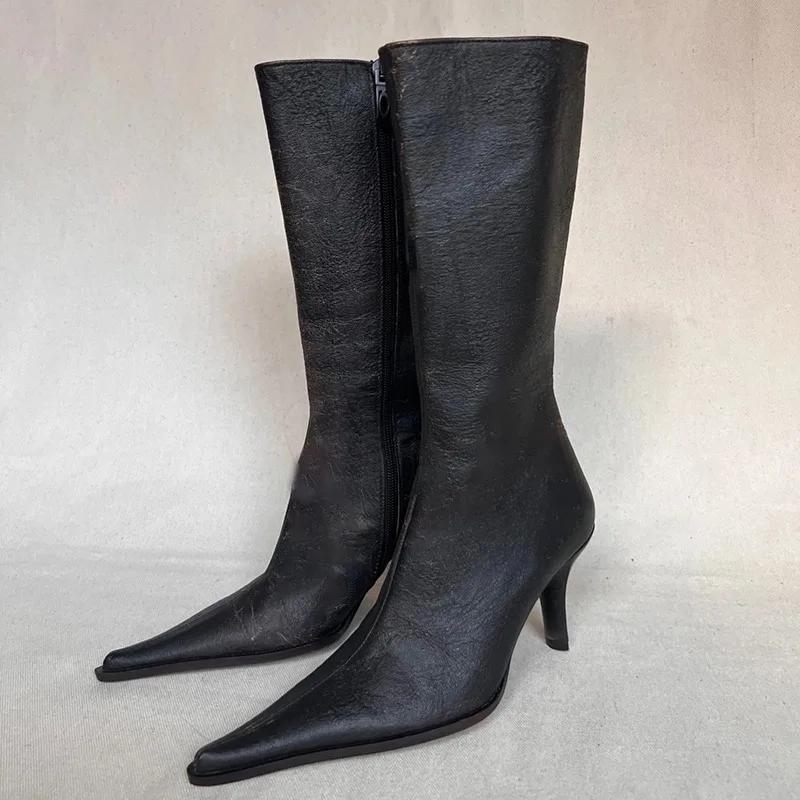 Vintage Pointed Belt Buckle Western Cowboy Boot Women's Fashion Metal Chain Detachable Two Wear Tooling Women's Boots 35-39