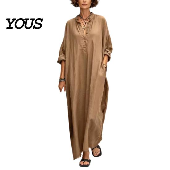 Elegant Casual Dress Summer Maxi for Women, V-Neck Oversized Boho Long Women Dress, Sleeve Button Up Vacation Sundress with Pockets Simple Style