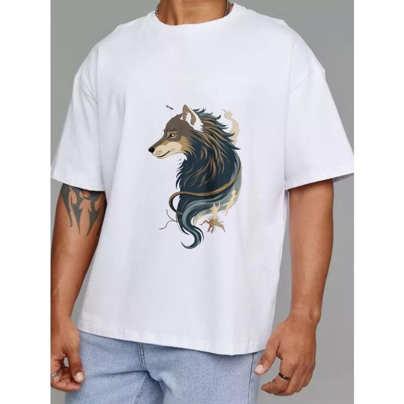 Wolf Graphic Print T Shirt White Animal Design for Casual Wear
