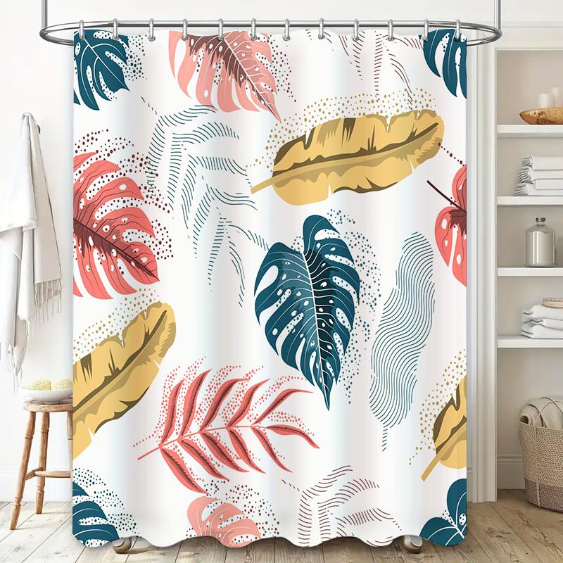 Patterned Shower Curtaincolorful Palm Leaves Feathers Decorative Waterproof Bathroom Fabric Curtains For Home Decoration Pink/Go