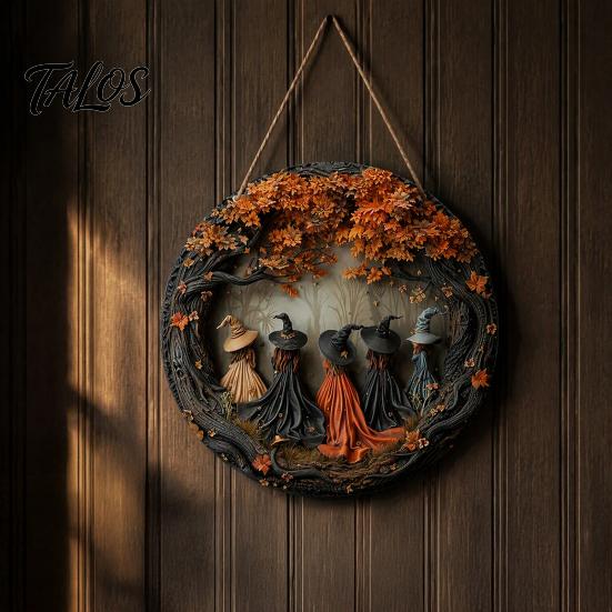 Wooden Witch Front Door Decor Halloween Hanging Sign, 8" Round Autumn Forest Gift for Friends Witches Rustic Holiday Sign Home Porch Decoration