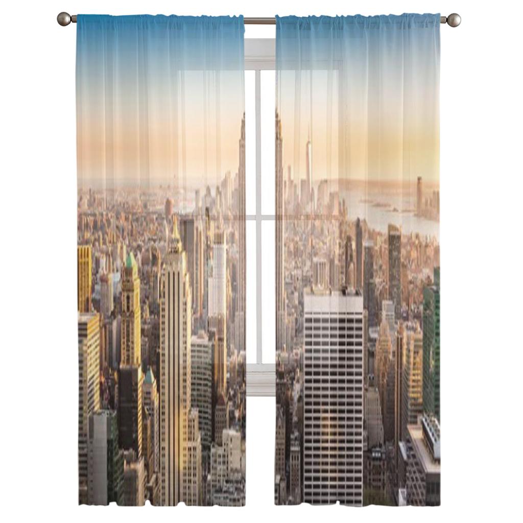 Aerial View Of The New York Skyline On A Sunny Afternoon Tulle Sheer Curtains for Living Room Home Decor Voile Organza Curtain