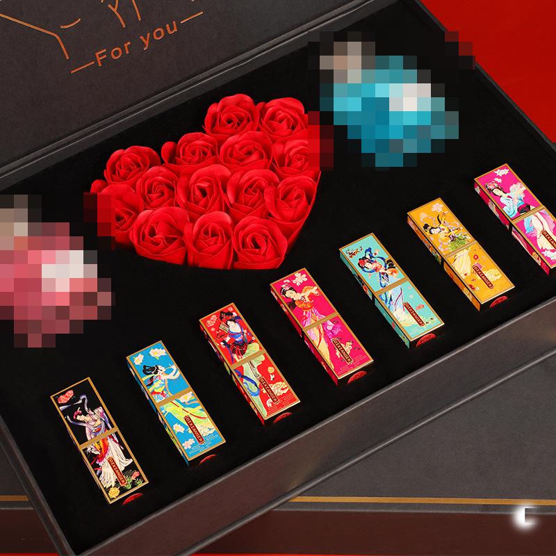 Qixi Valentine Gift Set: National Style Lipstick, Perfume, Rose Soap Flowers - Perfect for Her Birthday or Best Friend.
