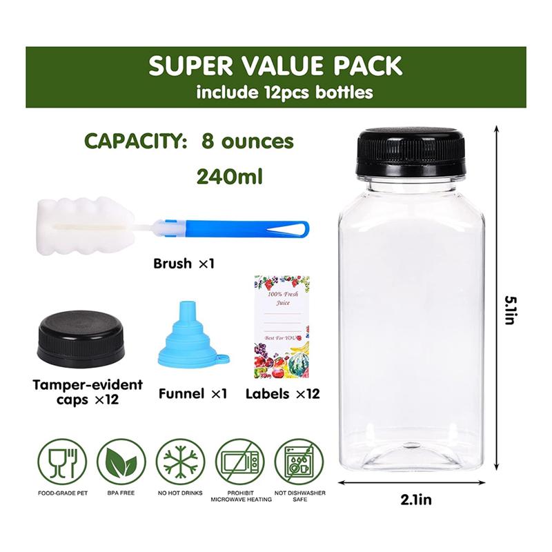 M-Modern-12Pcs Plastic Juice Bottles With Tamper Evident Caps, Reusable Clear Juice Containers With Labels, Funnel And Brush