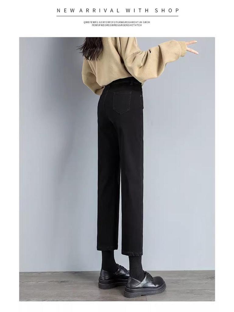 Women's Black High-Waist Cropped Jeans: 2026 Spring/Autumn Slimming Cigarette Pants