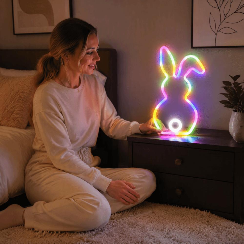 USB Battery Powered Bunny Neon Sign Bicolor LED Bunny Night Light Easter Bunny Sign For Club