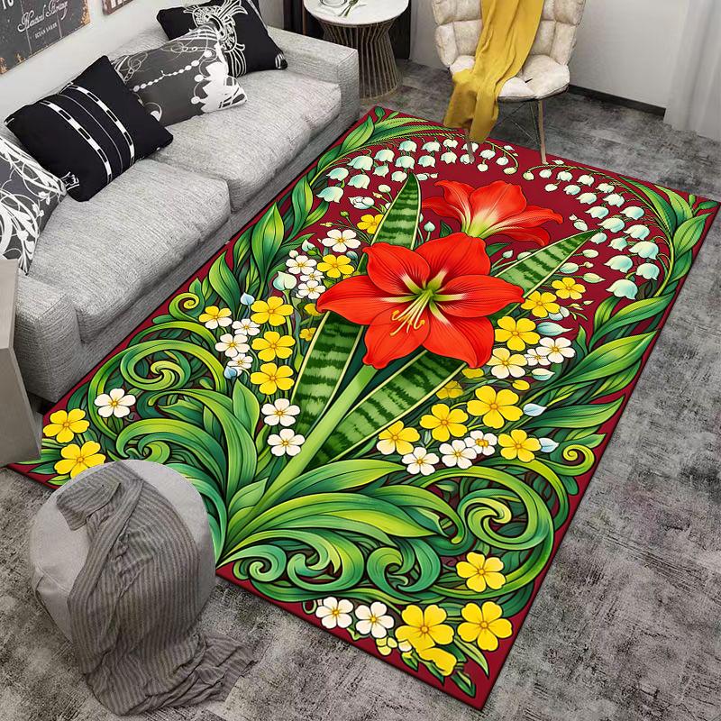 Colorful Floral Pattern Carpet with Red Lilies and Green Leaves Design Suitable for Use As an Anti-slip for Living Room Bedroom Sofas