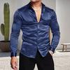 Men Shiny Silk Like Satin Shirt Long Sleeve Casual Slim Fit Dress Shirt Solid Color Lapel Button Down Shirts
