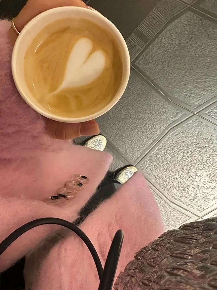 Ροζ Πέτο Μάλλινα Παλτό Πουπουλένια Γυναικεία Κομψό Μακρυμάνικο Κουμπωτό Μπλέιζερ Σακάκι Χειμερινή Μόδα Τσέπη Φαρδύ Παλτό