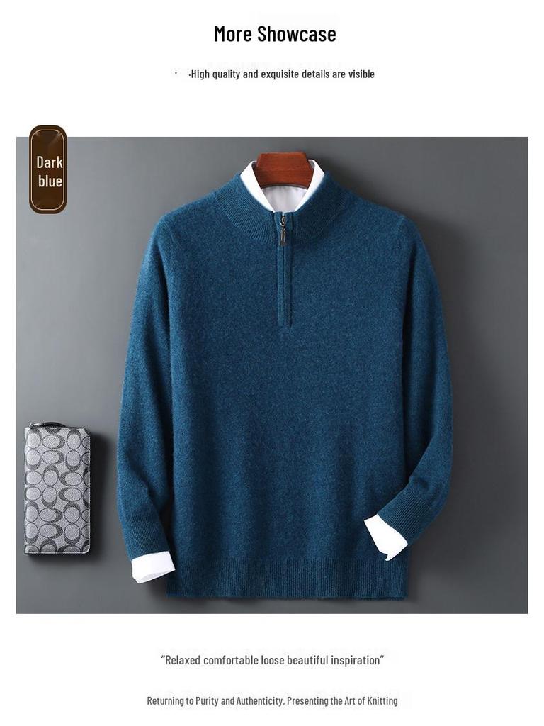 Men's 12-Gauge Zipper Sweater with Half-High Collar - Versatile Knitwear for Autumn/Winter Commute