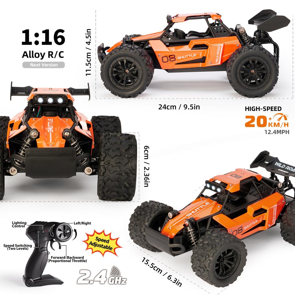 1:16 2WD Metal RC Truck High-Speed up to 20km/h 2.4GHz Alloy Body with USB Rechargeable Battery Ideal Gift for Halloween Christmas Thanksgiving