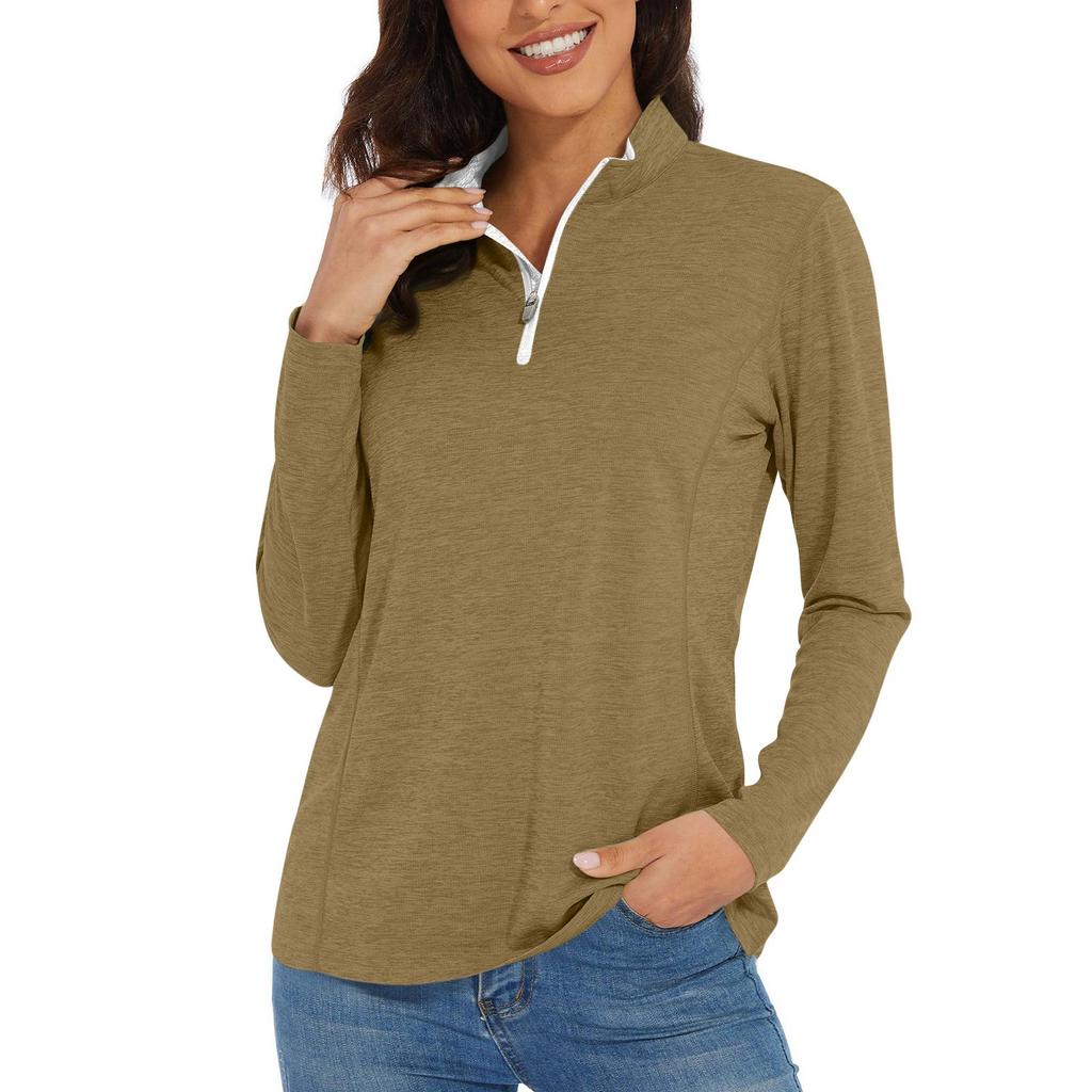 Women's Casual Fashion Solid Color Long Sleeve Zipper Neck Top T-shirt