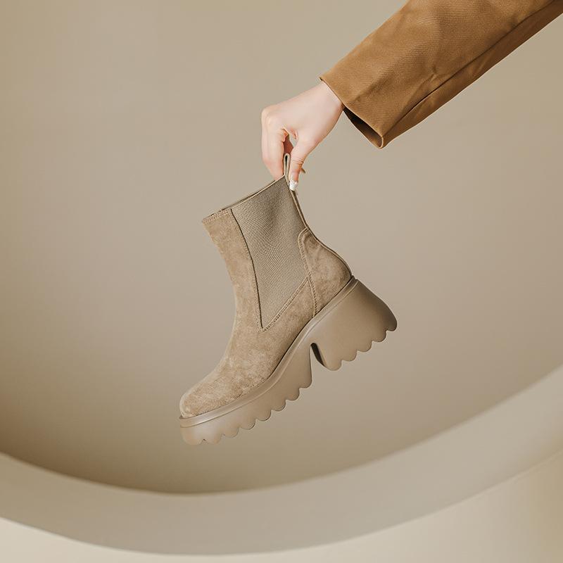 

Suede elastic short boots women s 2025 autumn and winter thick-soled thick-heeled short boots retro versatile high-heeled thin boots 40