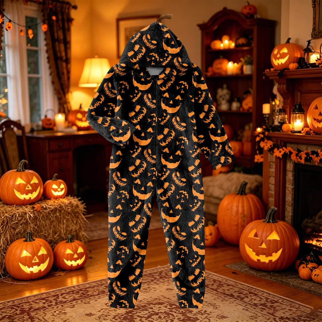 Damen Flannel Overall Loungewear Set mit Halloween-Print für den Urlaub