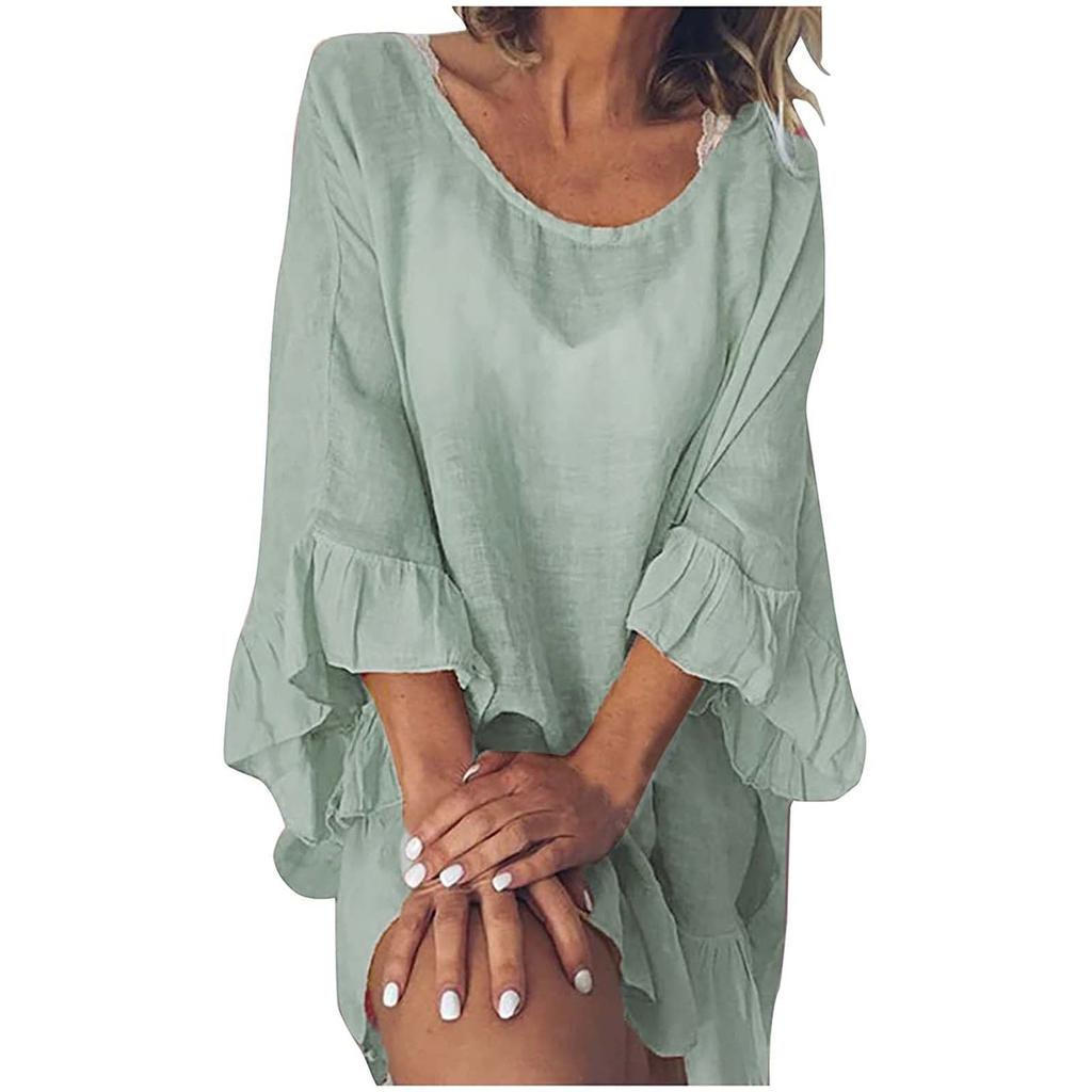 فستان نسائي أنيق بلون سادة وأكمام مكشكشة من القطن والكتان بلون سادة