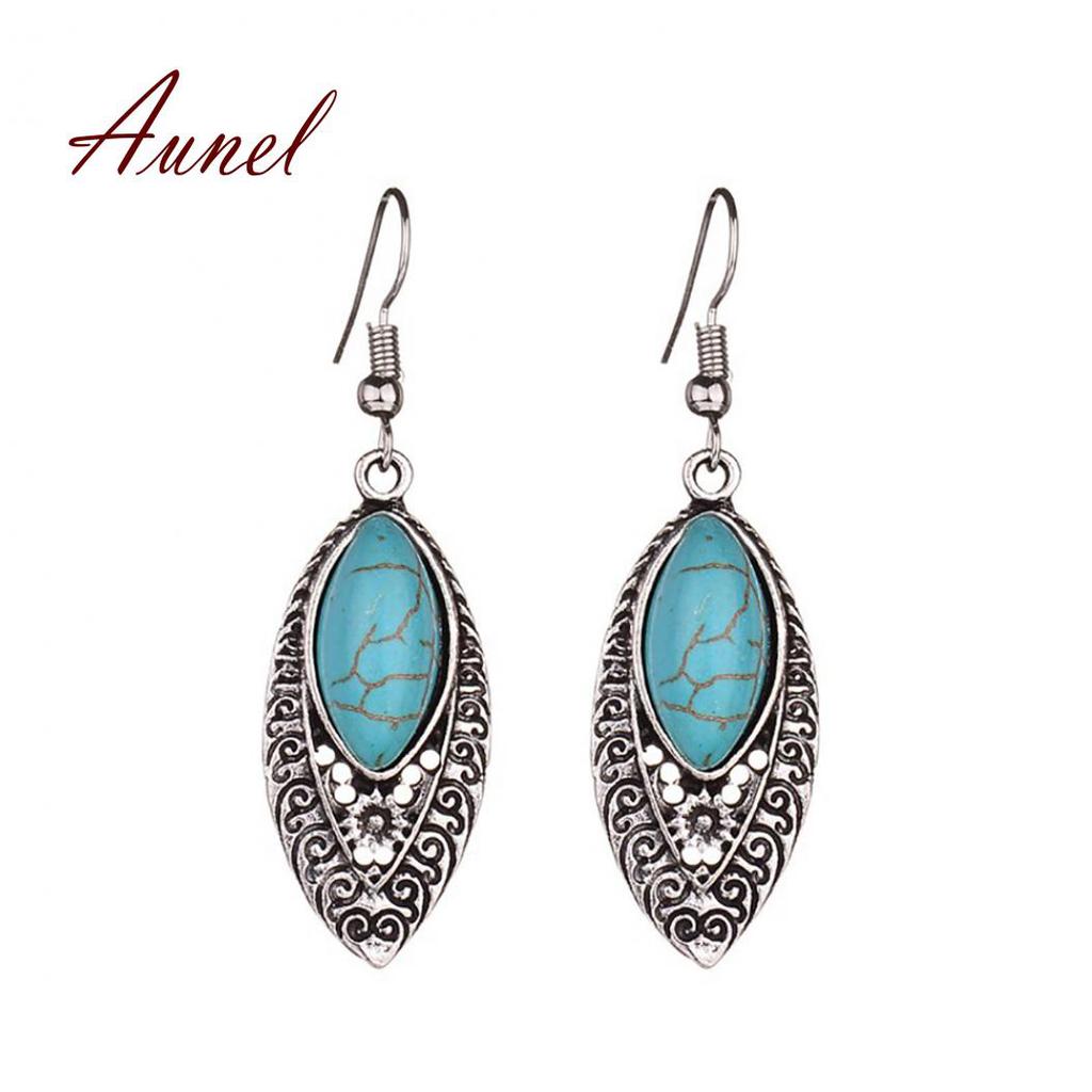 Artificial Turquoise Openwork Carved Drop Dangle Hook Earrings
