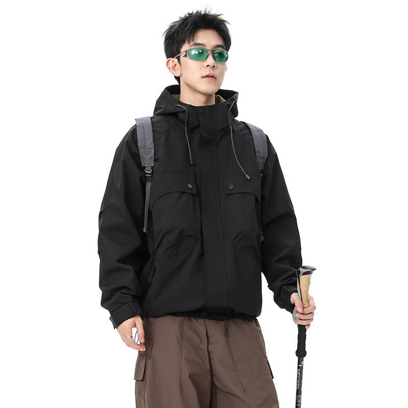 

Men s Olive Green Hooded Outdoor Jacket - Waterproof Windbreaker with Chest Pockets S чёрный