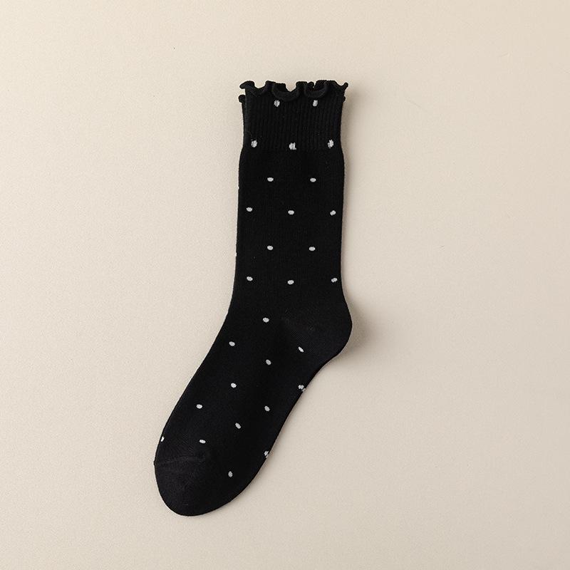 Ruffle Edge Polka Dot Women's Mid-Calf Socks - Trendy, Cute, Sweat-Absorbing Cotton for Autumn/Winter