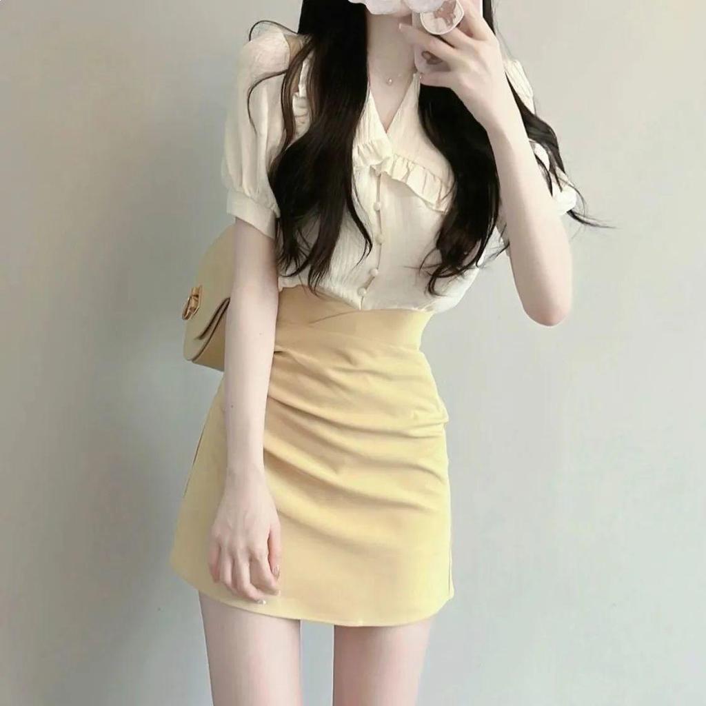 Summer Salt Outfit: Lightly Mature Pure Style Two-Piece Shirt and Skirt Set for Women