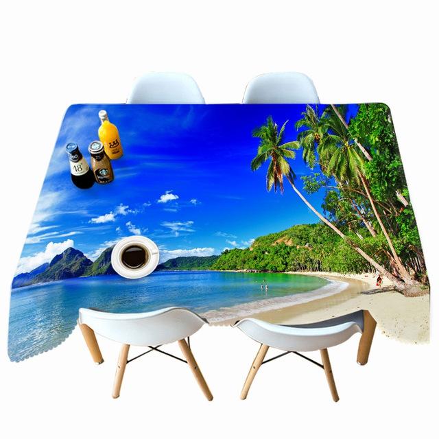 Beach Waves Pattern Coconut Tree Tablecloth Dustproof Thicken Cotton Rectangular Round Table Cloth For Wedding Picnic Party