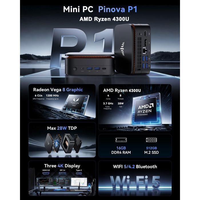 Mini PC NIPOGI - 16 GB DDR4 512 GB M.2 SSD - AMD Ryzen 4300U(4 C/4 T, fino a 3,7 GHz) - BT4.2 - WiFi5 - HDMI 4K@60Hz - Win 11 PRO