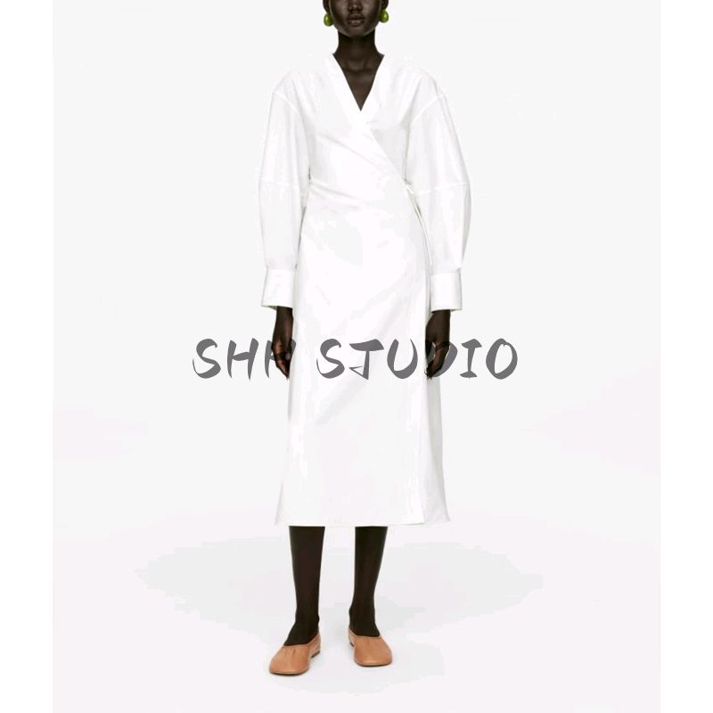 Summer New Product Women's Clothes Minimalist Cotton Long Sleeves V-neck Wrap Shirt Skirt Dress 1267048