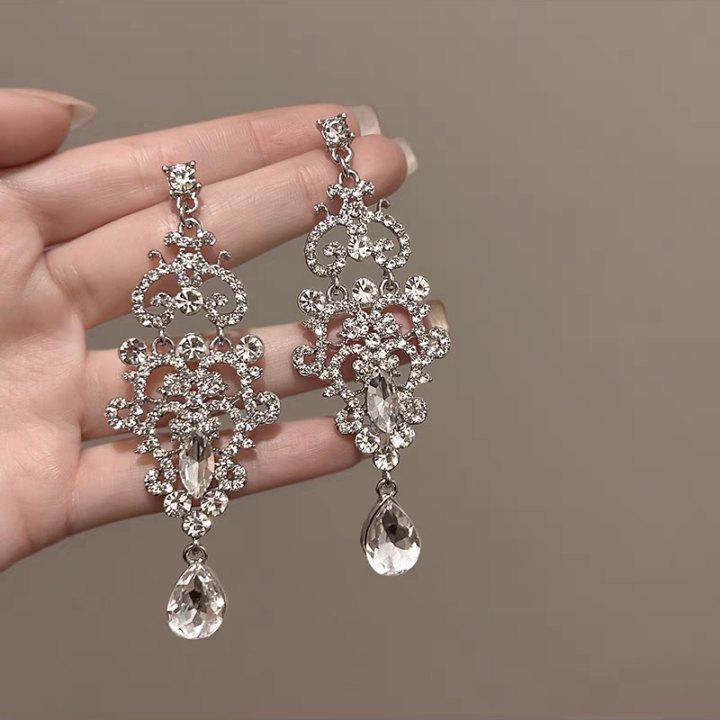 2025 Light Luxury Silver Needle Diamond Flower Tassel Earrings - Elegant European & American Style for Women