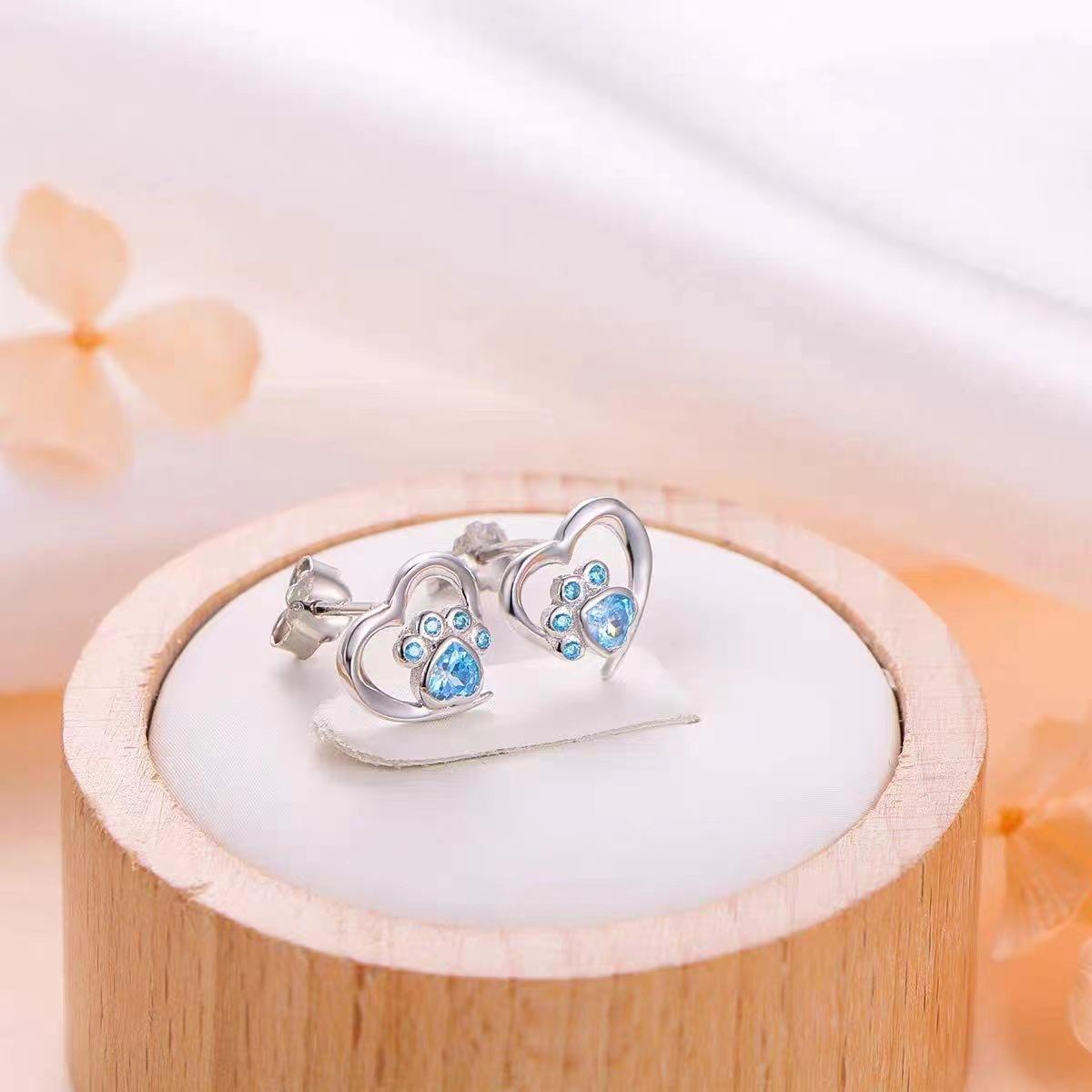 Mori love stud earrings female personality Japanese and Korean small fresh cat paw foot print blue zirconium diamond fashion earrings