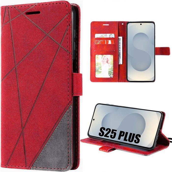 Coque de protection - BOOLING - pour Samsung Galaxy S25 Plus - Cuir Synthétique Rouge - Antichoc - Support intégré