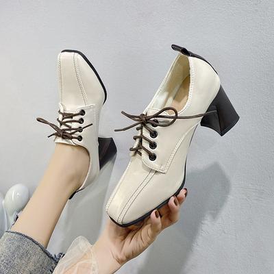 Moda Estilo Britânico Salto Alto 2024 Outono Novo Feminino Cabeça Quadrada Salto Grosso Sapatos Femininos Cadarço Raso Corte Único Zapatos Mujer