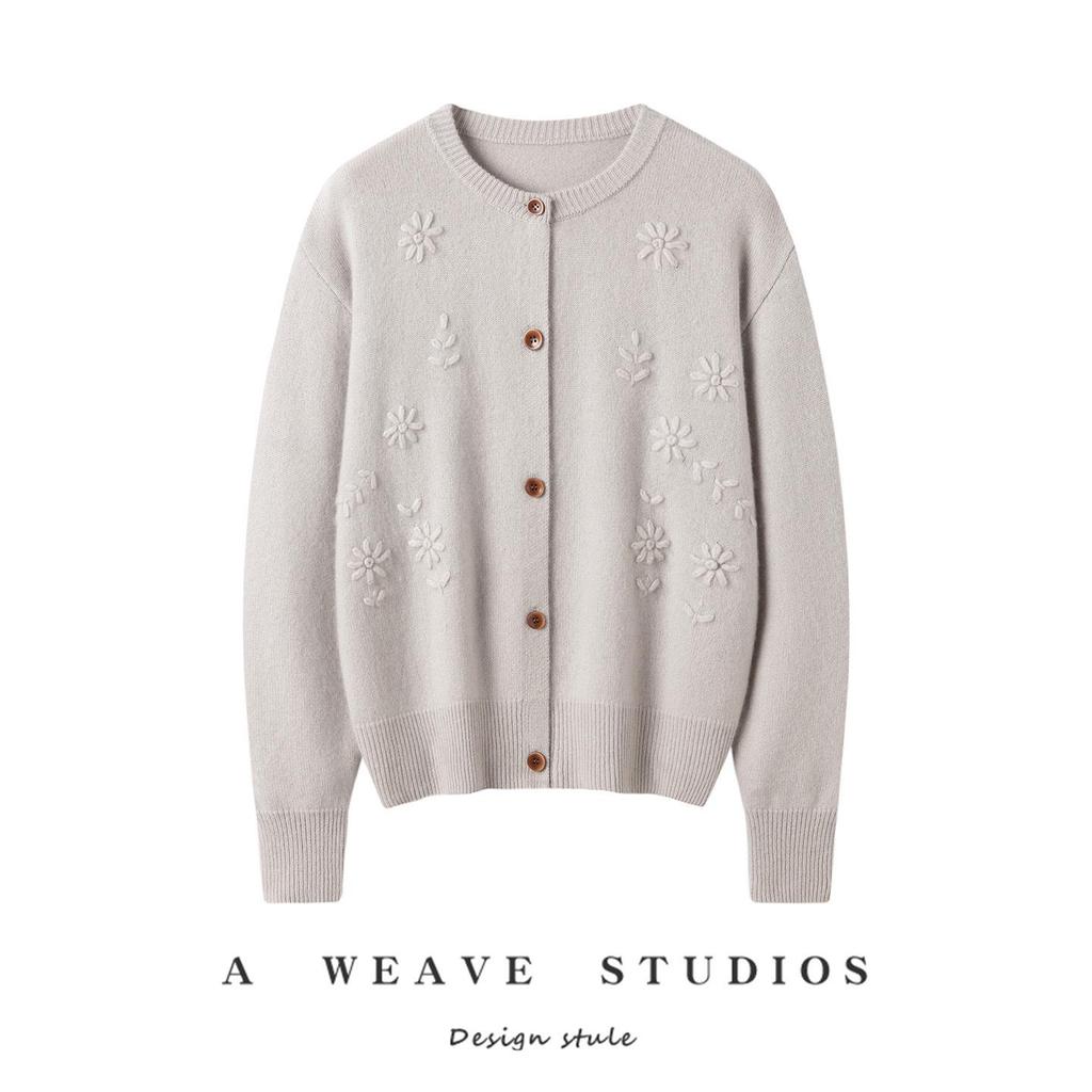 Embroidered Round Neck Cashmere Cardigan - Women's Loose Long Sleeve Knit Sweater for Autumn & Winter