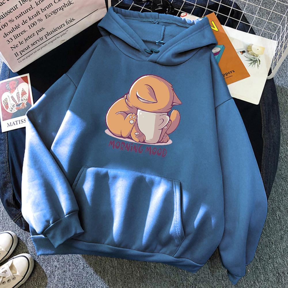 Cat Is Looking At The Cup Lovely Women Hoody Cartoons Street Pullover Loose Casual Hoodies Fleece Oversized Sweatshirt Women