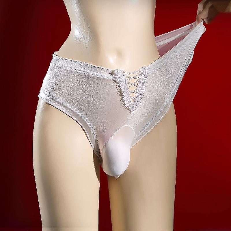 Men'S Sexy Underwear Sissy Lingerie Panties Mesh Satin Breathable Sheath Bullet Separation Pouch Briefs Transparent Underpants