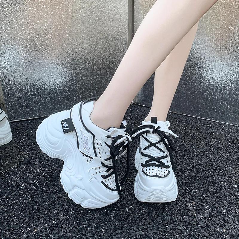 Fashion 9CM New Spring Women Hollow Sneakers 2025 Summer Casual Vulcanized Shoes High Platform Breathable Mesh Sneakers Female Dad Shoes