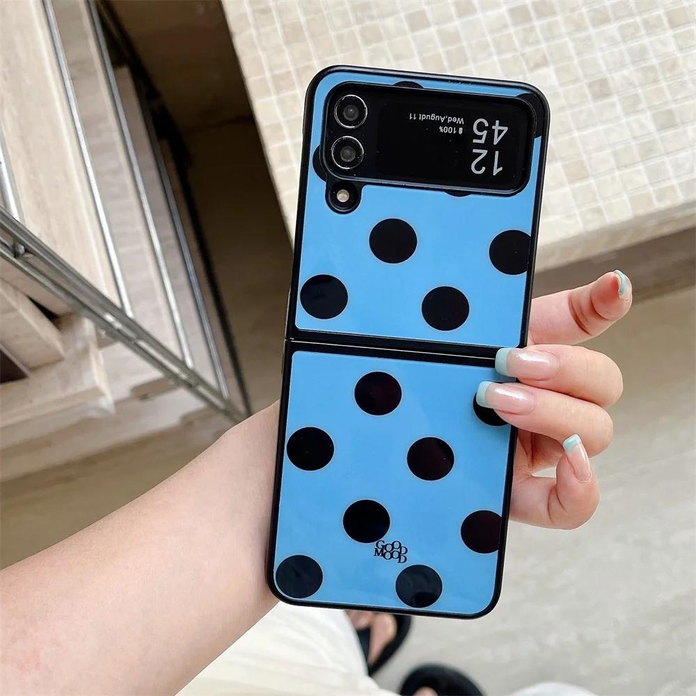 

Модный глянцевый чехол с цветными блоками и принтом в горошек для Samsung Galaxy Z Flip 7 6 5 4 3, противоударная тонкая защитная накладка Galaxy Z Flip7 синий