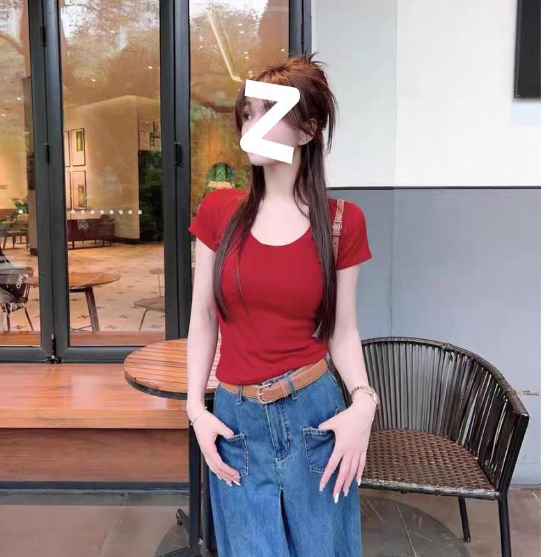 Women's Fashion Water Drop Crew Neck U-Neck Short Sleeve T-Shirt Women's Versatile Slim Skinny Top